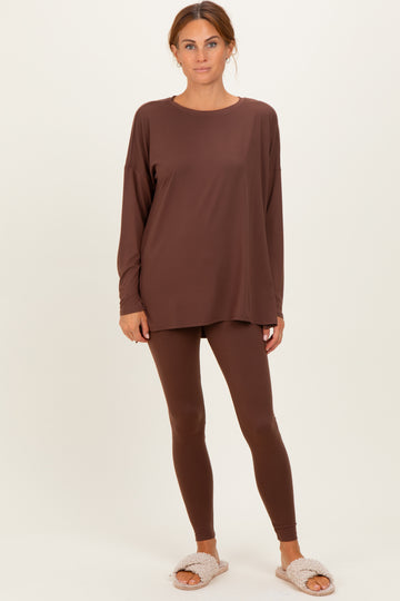 Brown Brushed Knit Oversized Top and Legging Set