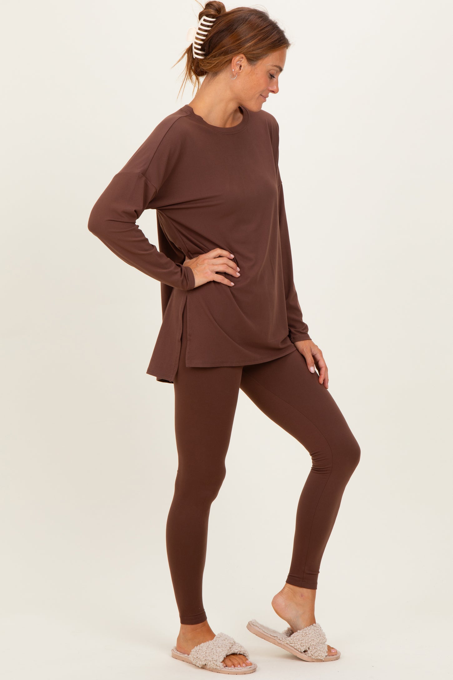 Brown Brushed Knit Oversized Top and Legging Set