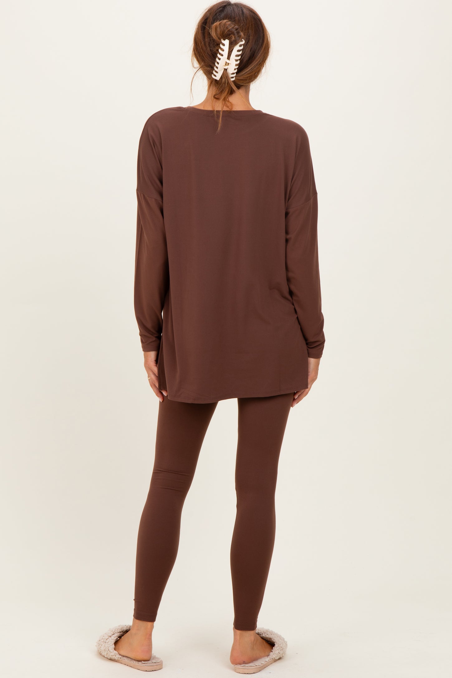 Brown Brushed Knit Oversized Top and Legging Set