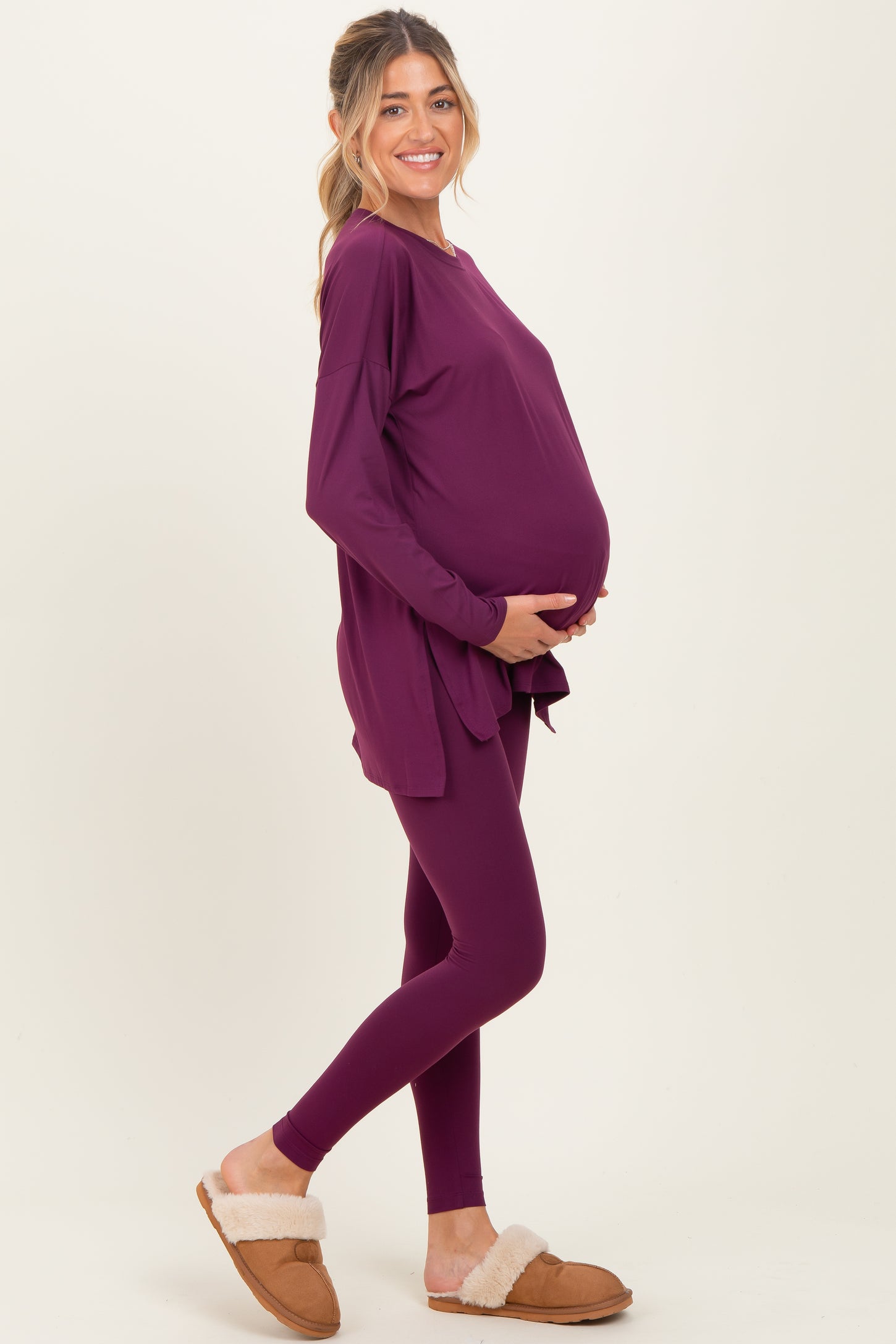 Plum Brushed Knit Maternity Oversized Top and Legging Set