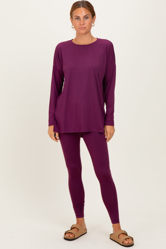 Plum Brushed Knit Maternity Oversized Top and Legging Set