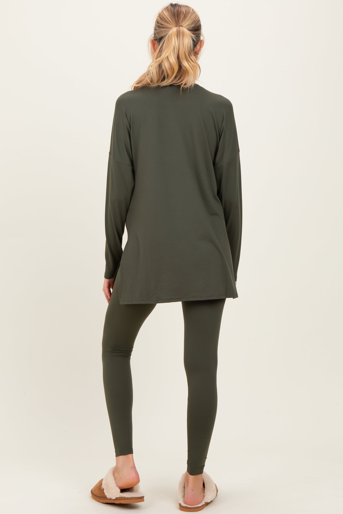 Olive Brushed Knit Maternity Oversized Top and Legging Set