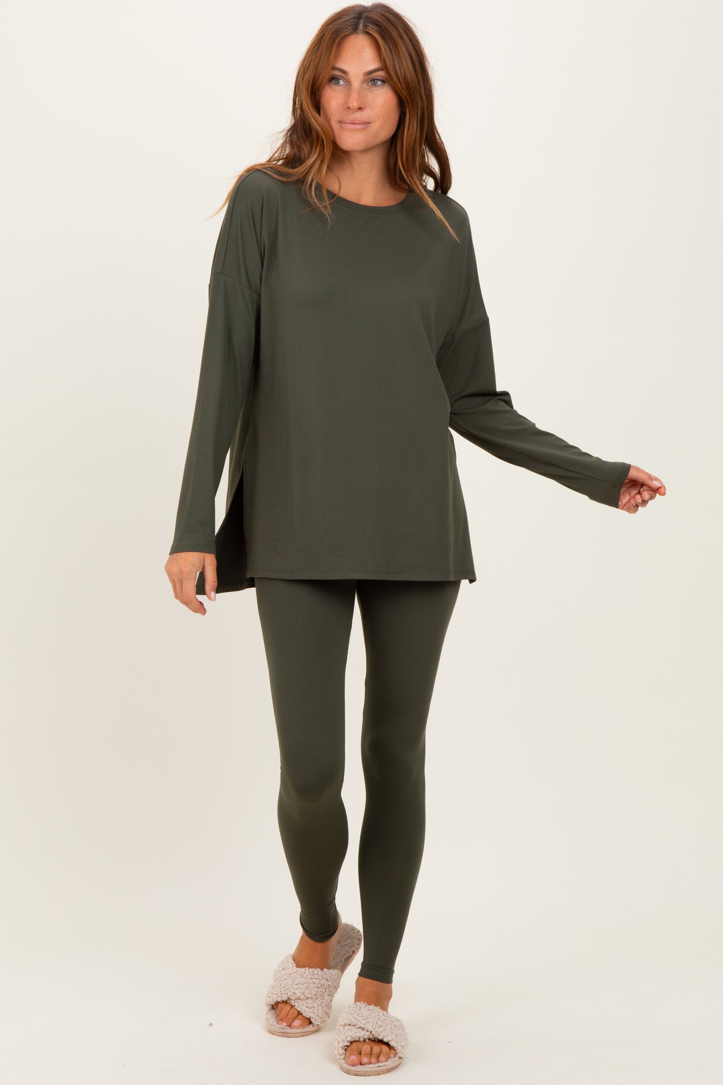 Olive Brushed Knit Oversized Top and Legging Set