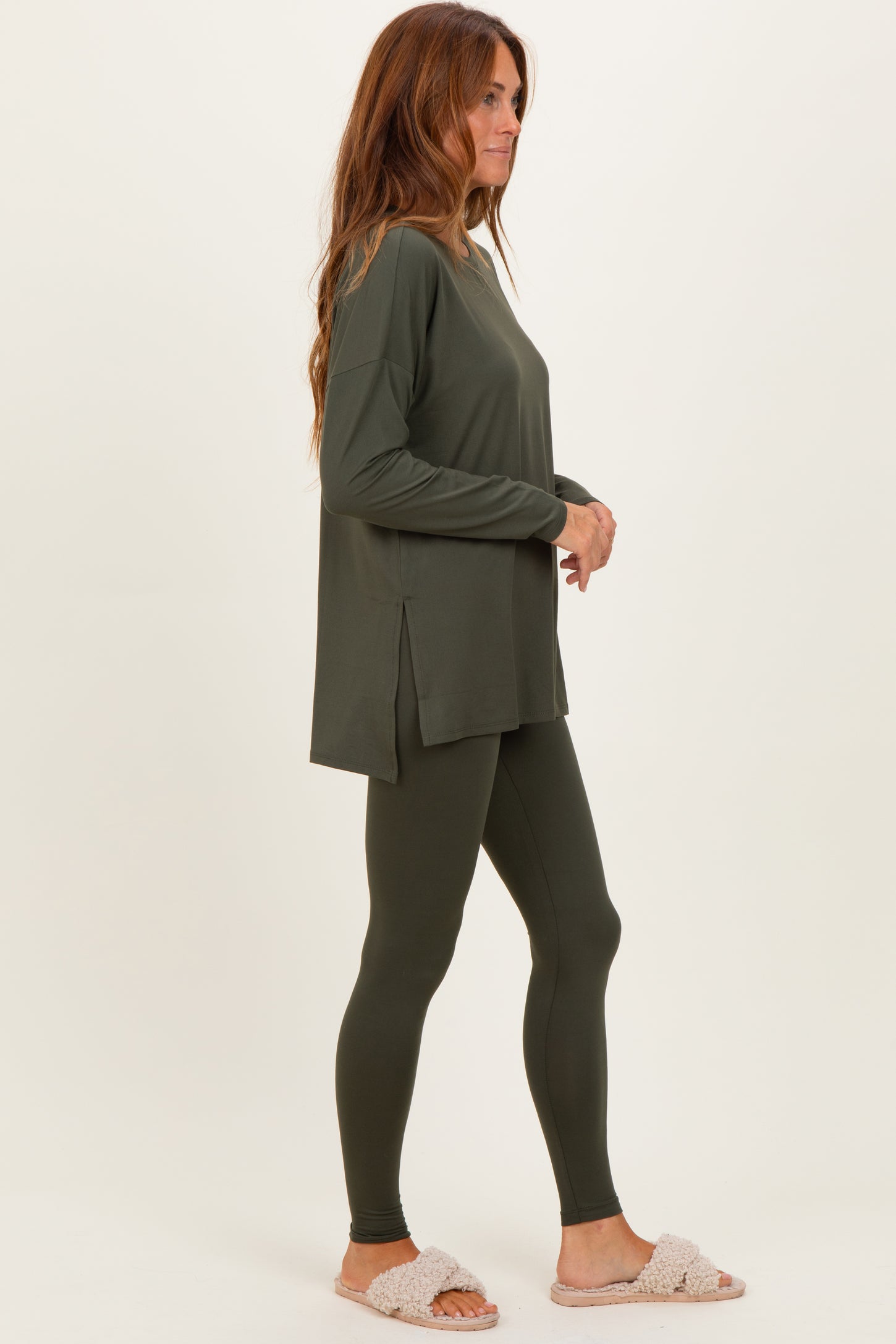 Olive Brushed Knit Oversized Top and Legging Set