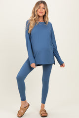 Dusty Blue Brushed Knit Maternity Oversized Top and Legging Set