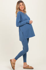 Dusty Blue Brushed Knit Maternity Oversized Top and Legging Set