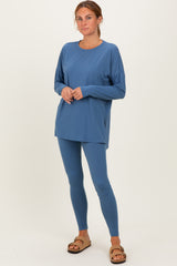 Dusty Blue Brushed Knit Oversized Top and Legging Set