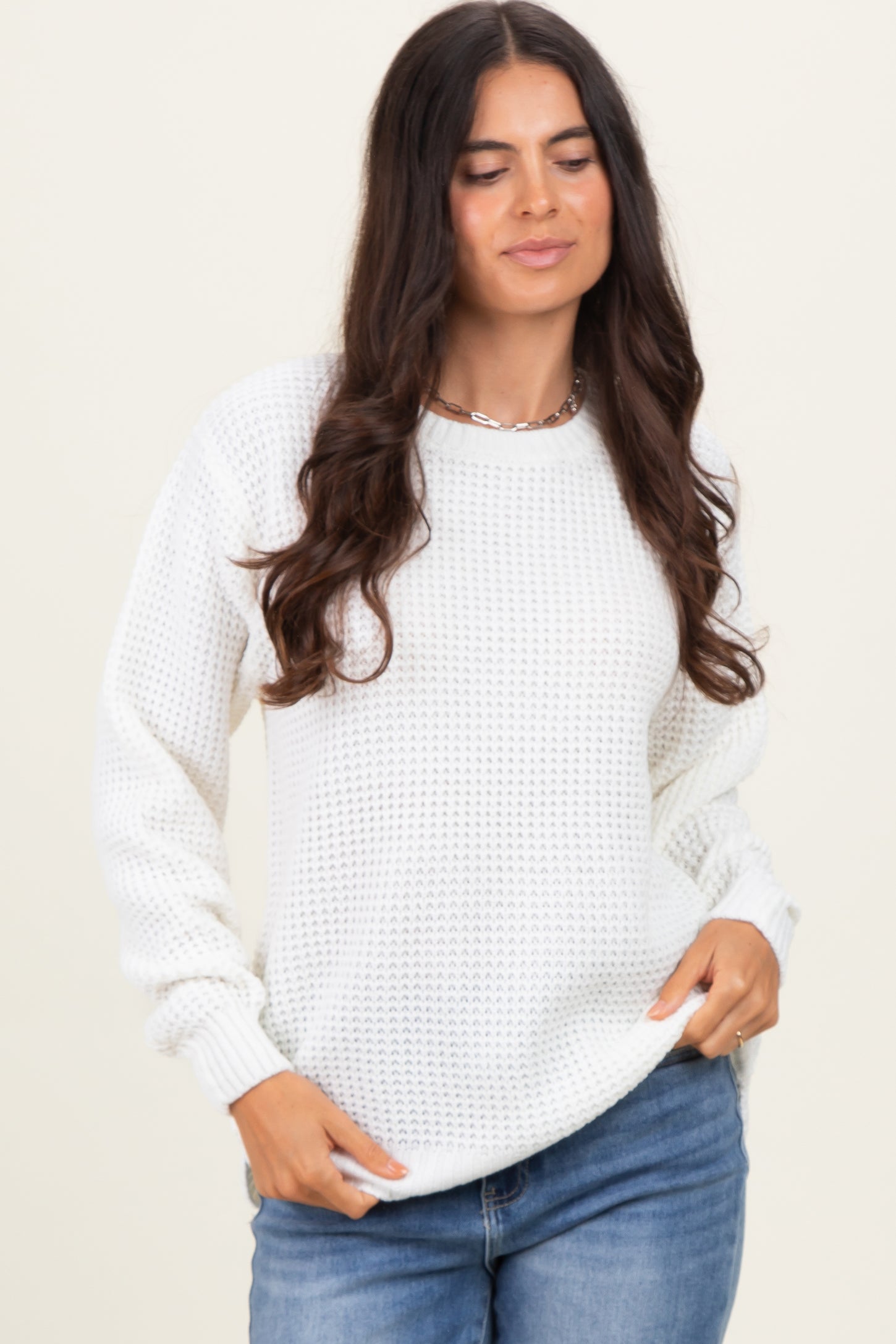 Ivory Waffle Knit Rounded Hem Sweater