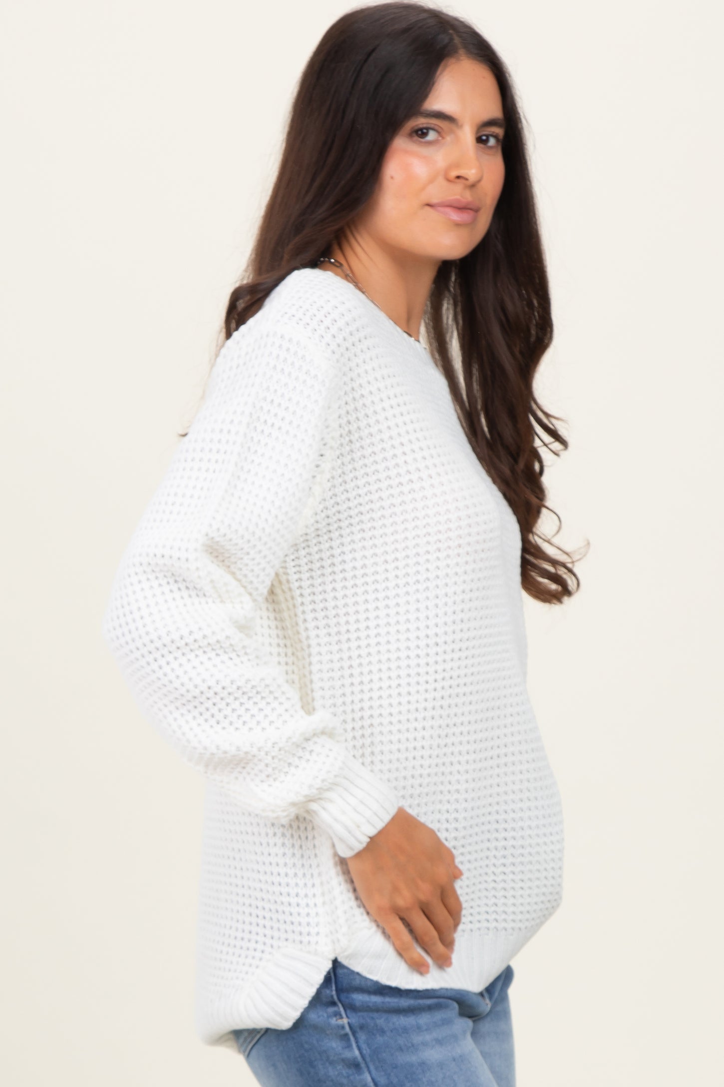 Ivory Waffle Knit Rounded Hem Sweater
