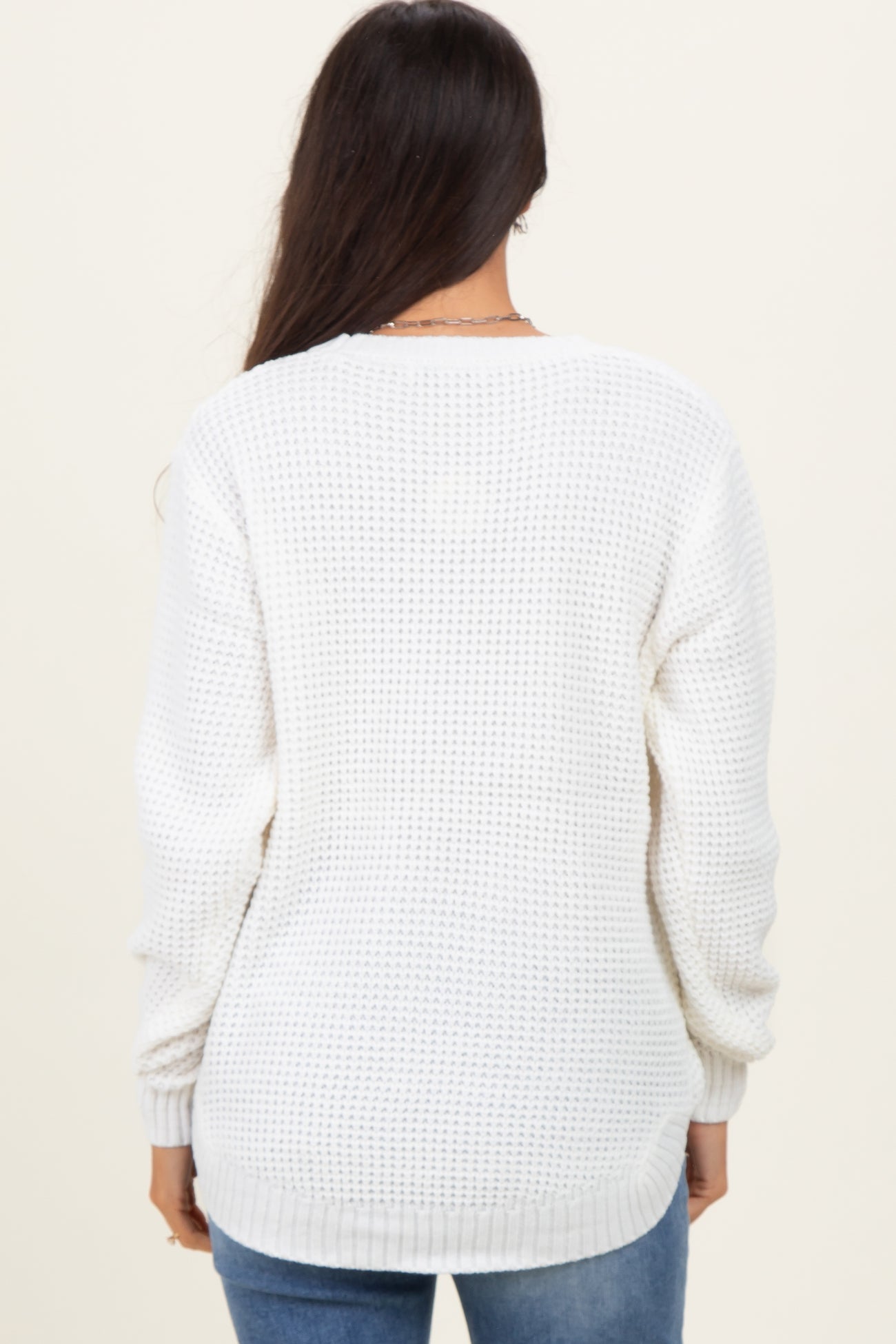 Ivory Waffle Knit Rounded Hem Sweater