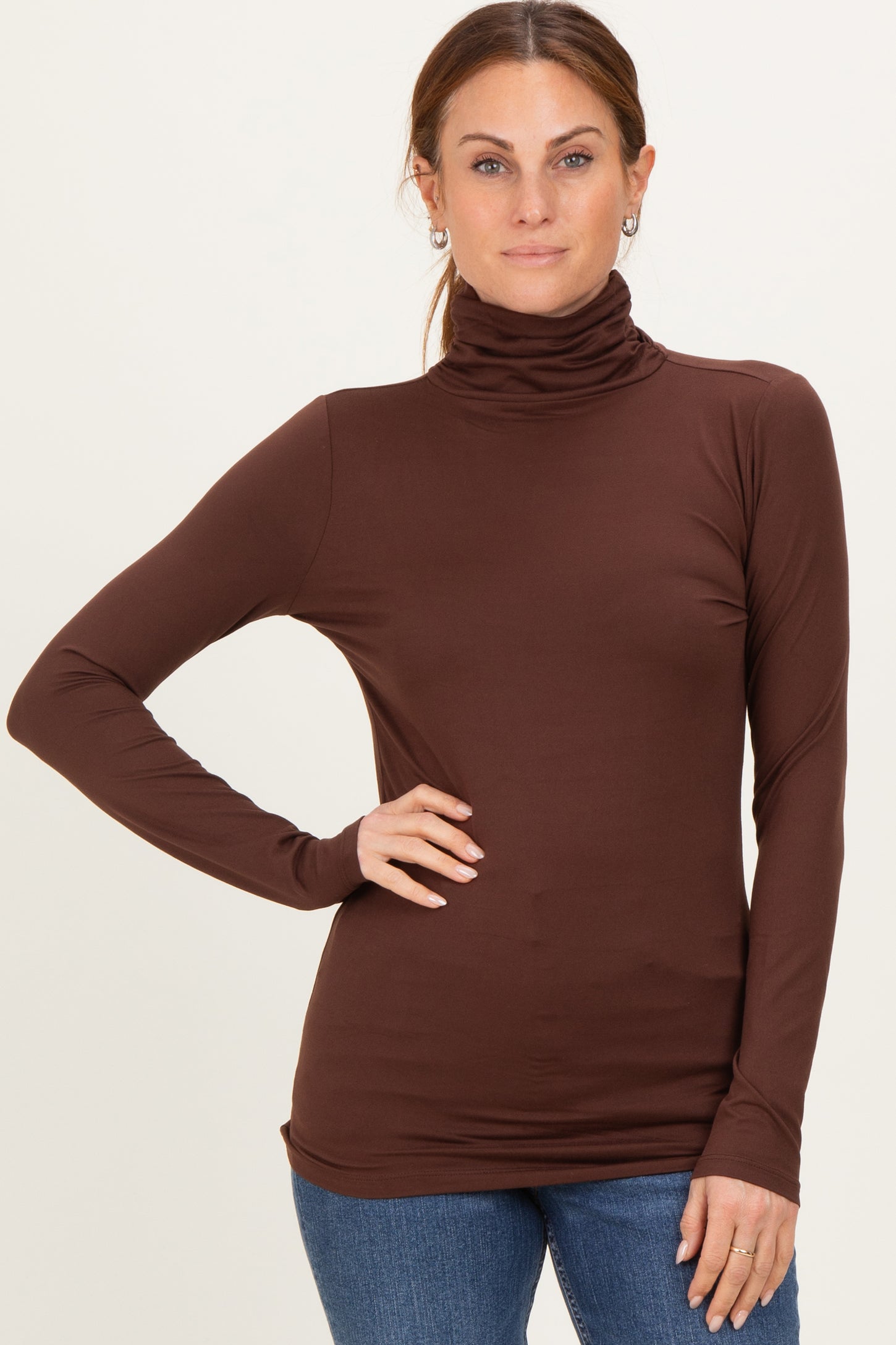 Brown Brushed Knit Basic Turtleneck Top