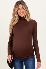 Brown Brushed Knit Basic Turtleneck Maternity Top
