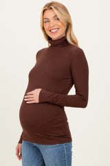 Brown Brushed Knit Basic Turtleneck Maternity Top