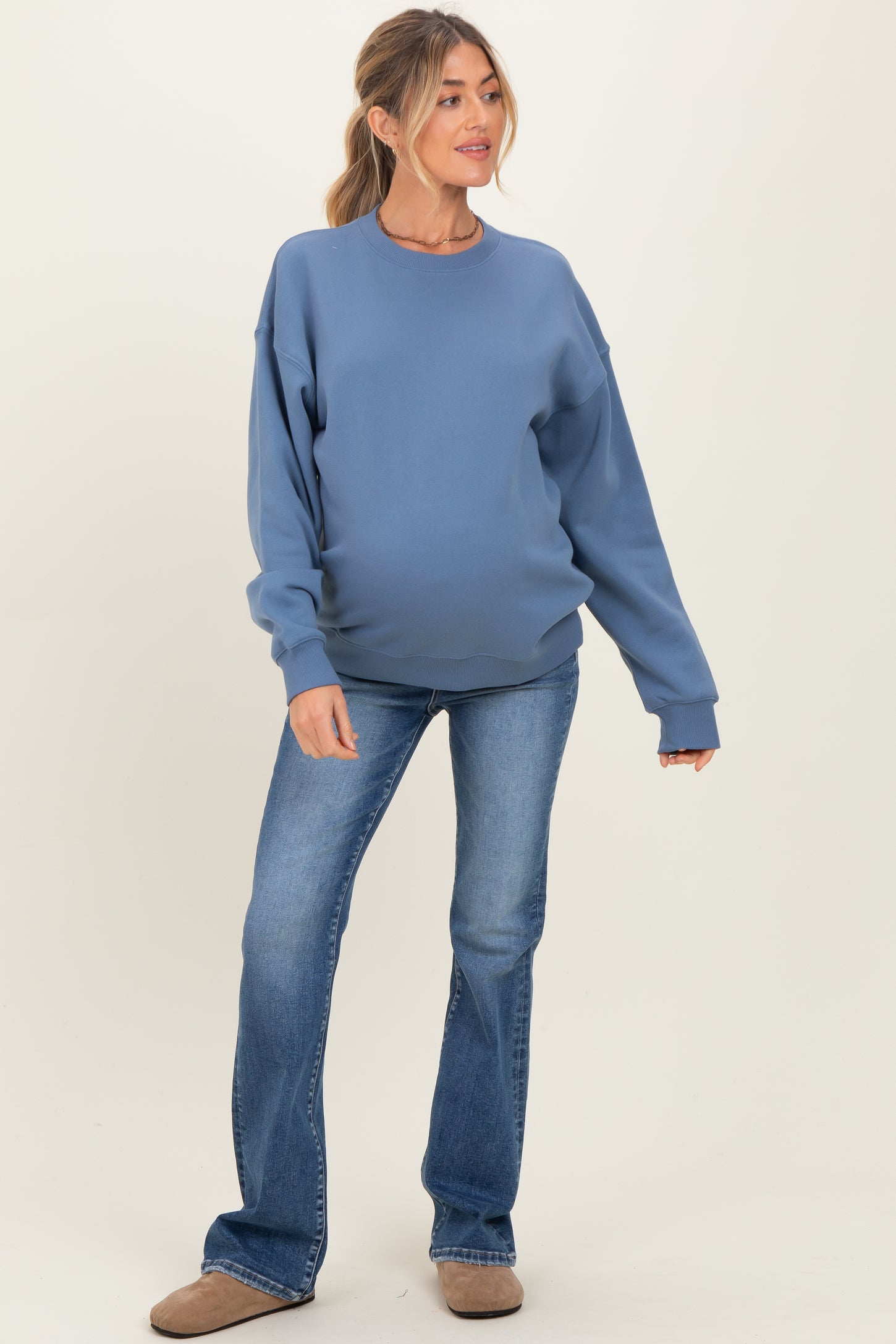 Dusty Blue Fleece Crew Neck Relaxed Fit Maternity Sweatshirt