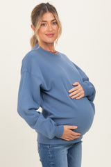 Dusty Blue Fleece Crew Neck Relaxed Fit Maternity Sweatshirt