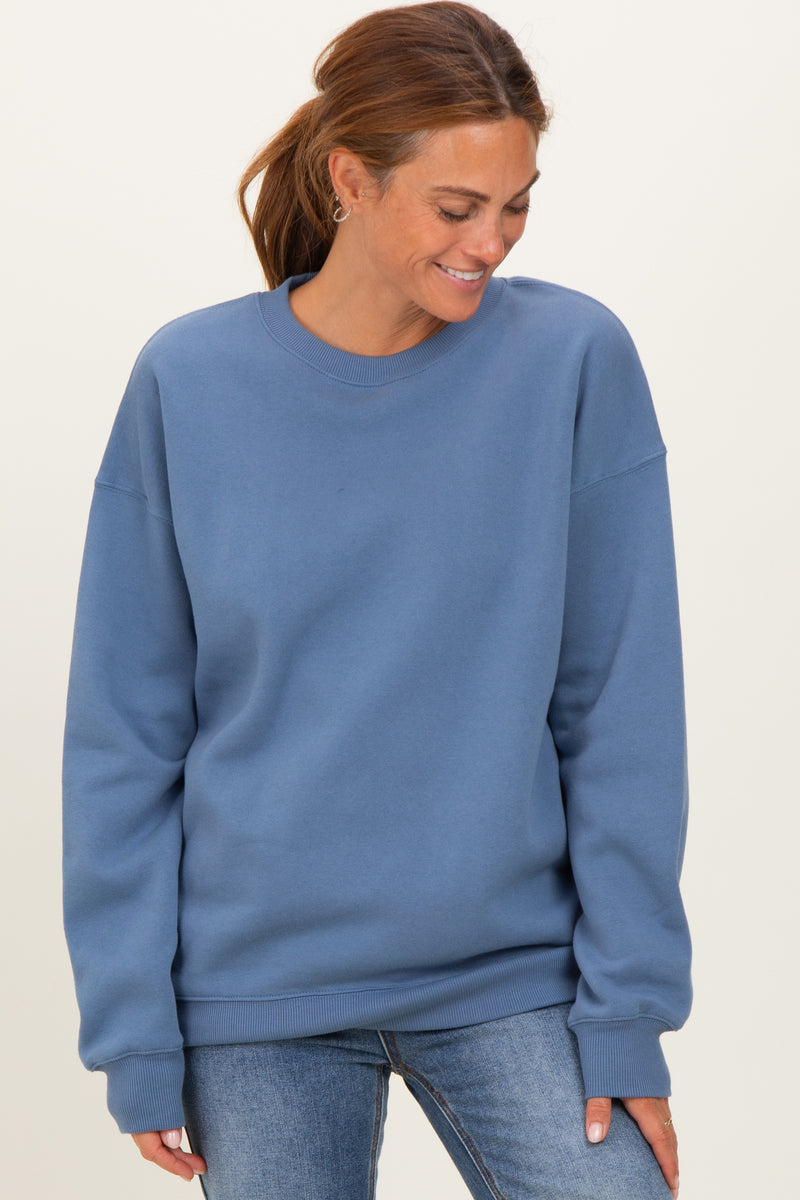 Dusty Blue Fleece Crew Neck Relaxed Fit Sweatshirt – PinkBlush