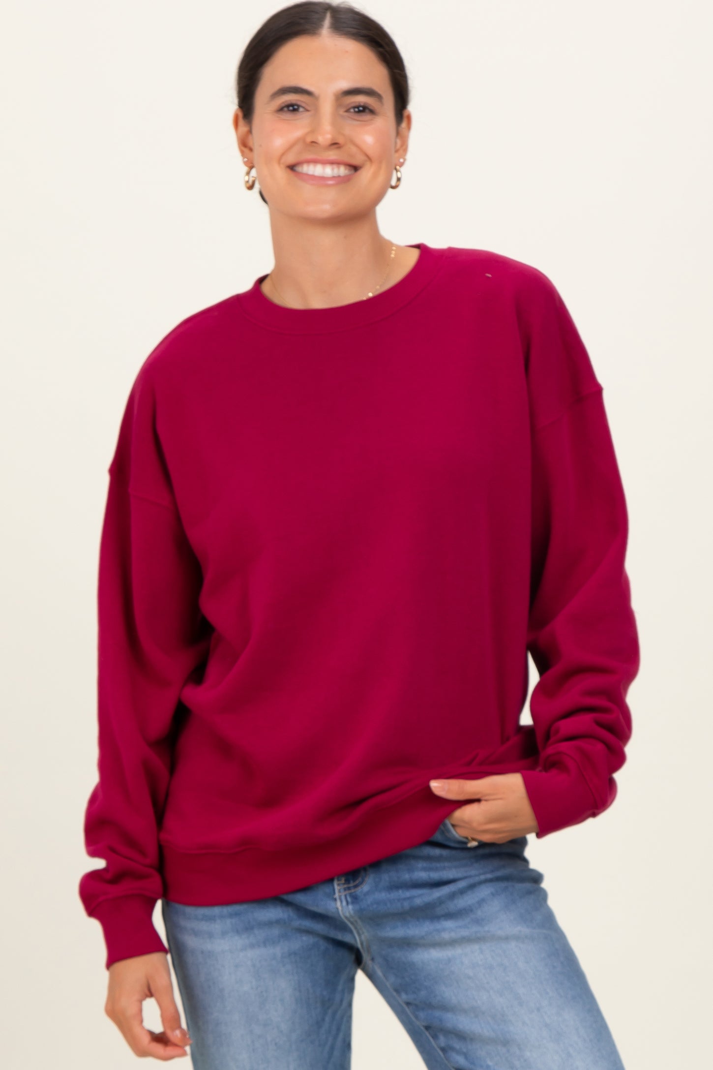 Burgundy  Fleece Crew Neck Relaxed Fit Sweatshirt