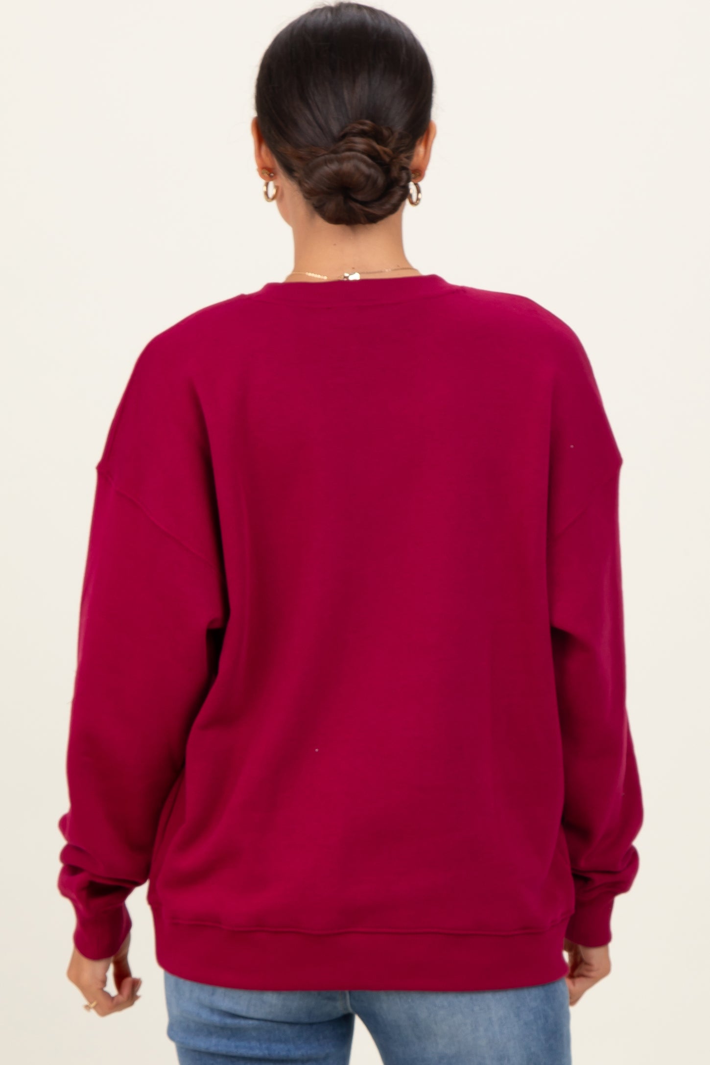 Burgundy  Fleece Crew Neck Relaxed Fit Sweatshirt