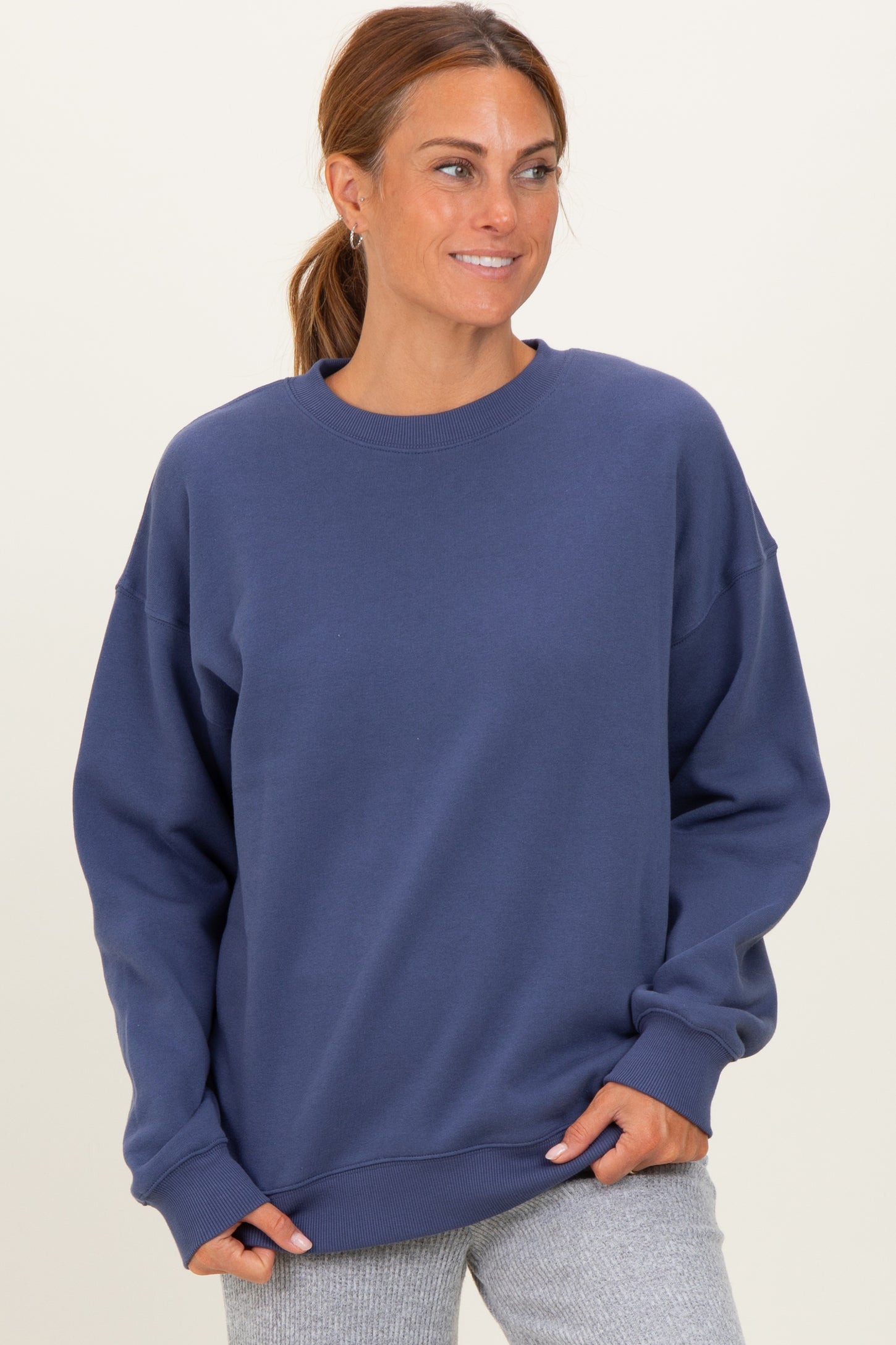 Navy Fleece Crew Neck Relaxed Fit Maternity Sweatshirt