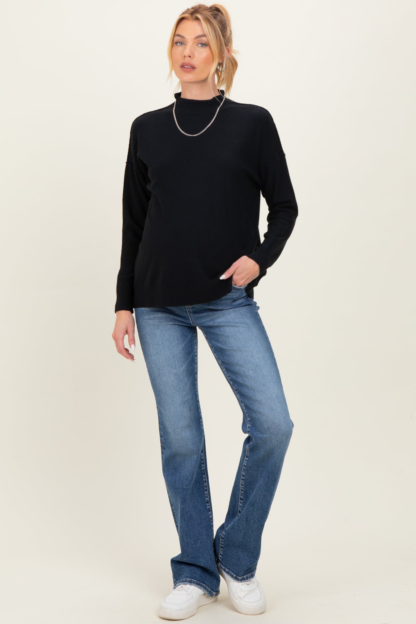 Black Mock Neck Exposed Seam Maternity Sweater