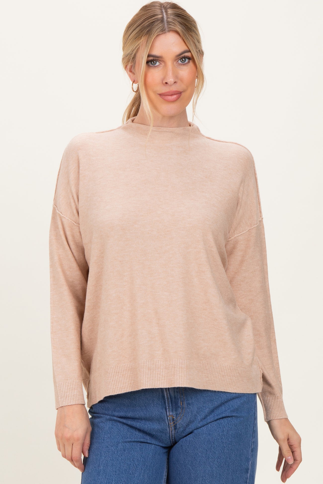 Beige Mock Neck Exposed Seam Maternity Sweater