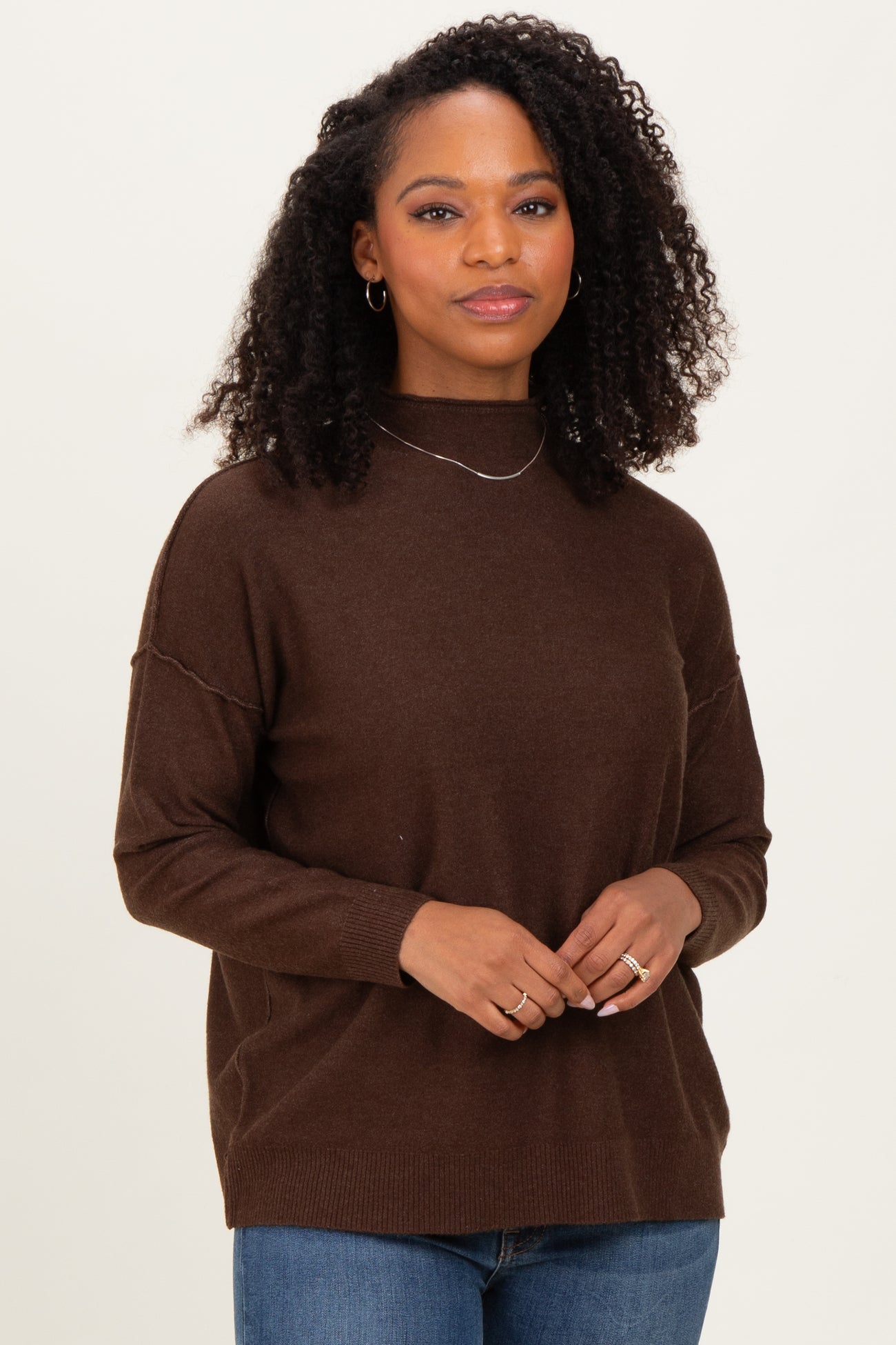 Brown Mock Neck Exposed Seam Sweater