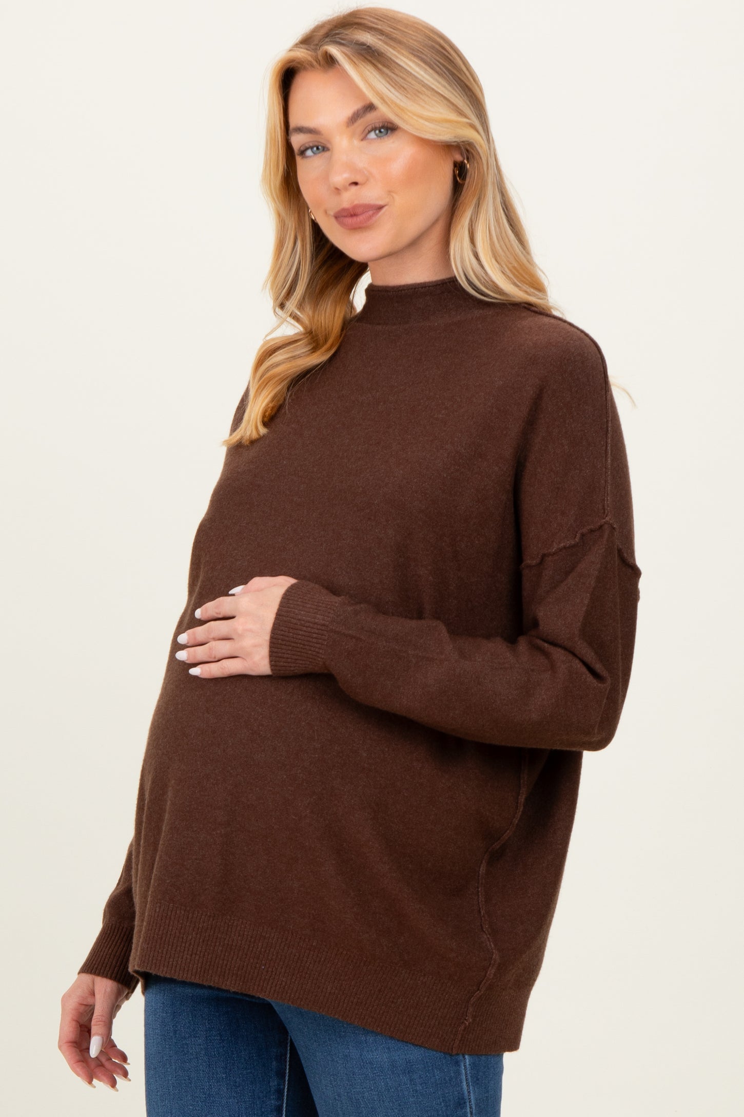 Brown Mock Neck Exposed Seam Maternity Sweater