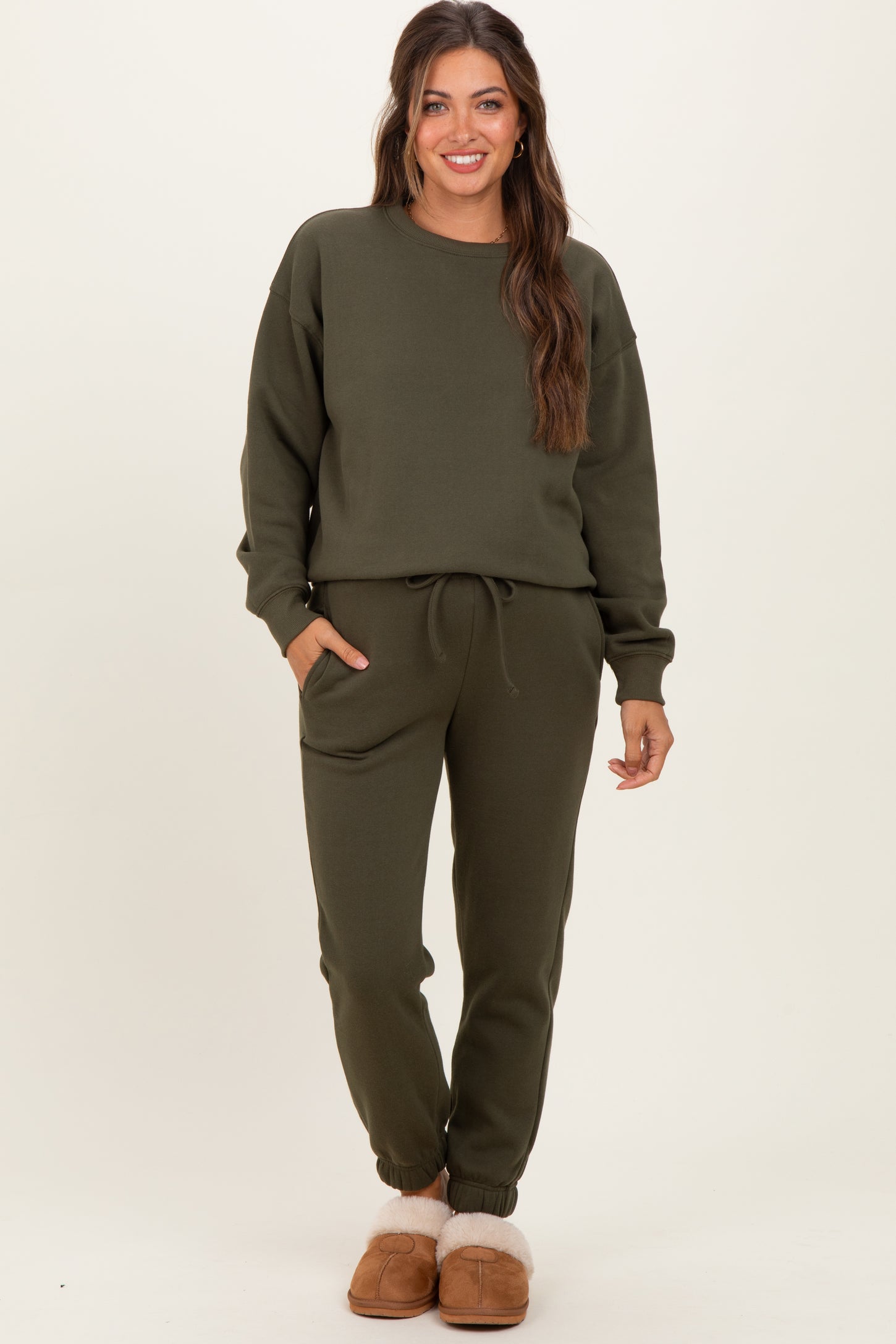 Olive Fleece Long Sleeve Maternity Pullover & Jogger Set