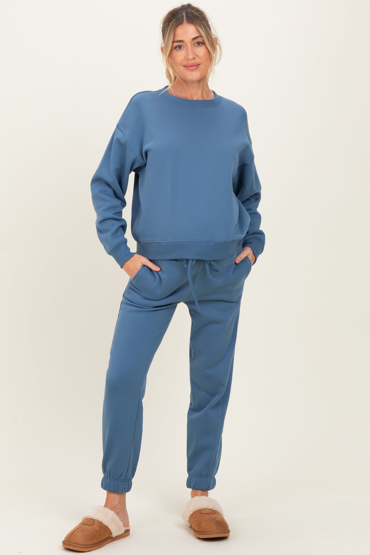 Dusty Blue Fleece Long Sleeve Maternity Pullover & Jogger Set