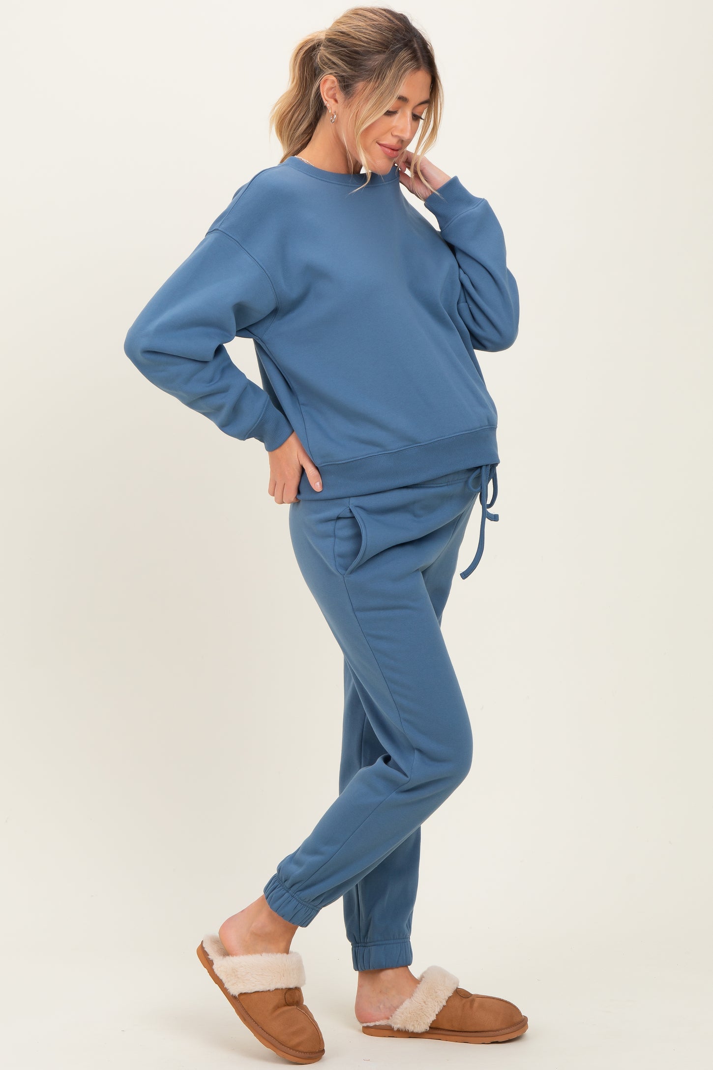 Dusty Blue Fleece Long Sleeve Maternity Pullover & Jogger Set