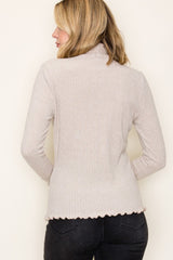 Beige Ribbed Mock Neck Ruffle Hem Long Sleeve Top