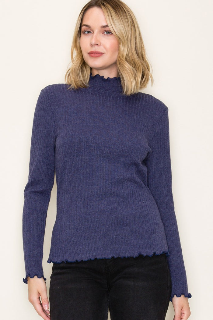 Navy Ribbed Mock Neck Ruffle Hem Long Sleeve Top