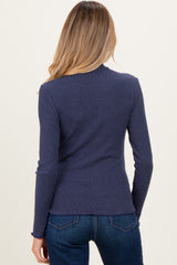 Navy Ribbed Mock Neck Ruffle Hem Maternity Long Sleeve Top