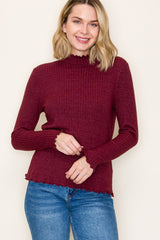 Burgundy Ribbed Mock Neck Ruffle Hem Maternity Long Sleeve Top