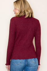 Burgundy Ribbed Mock Neck Ruffle Hem Long Sleeve Top