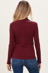 Burgundy Ribbed Mock Neck Ruffle Hem Maternity Long Sleeve Top