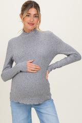 Heather Grey Ribbed Mock Neck Ruffle Hem Maternity Long Sleeve Top
