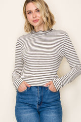 Olive Striped Ribbed Mock Neck Ruffle Hem Top