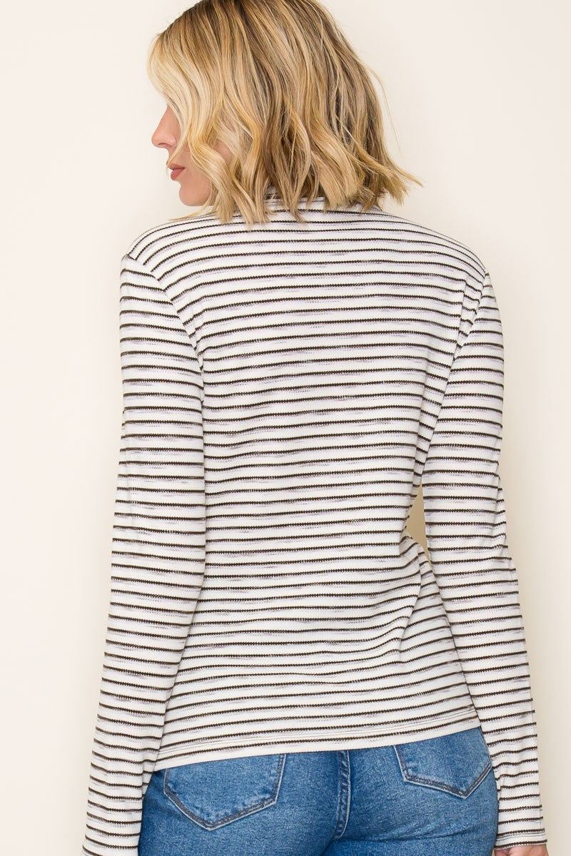 Olive Striped Ribbed Mock Neck Ruffle Hem Top