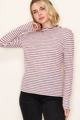 Burgundy Striped Ribbed Mock Neck Ruffle Hem Maternity Top
