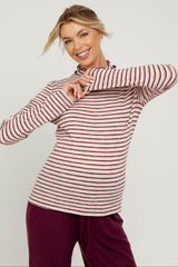 Burgundy Striped Ribbed Mock Neck Ruffle Hem Maternity Top