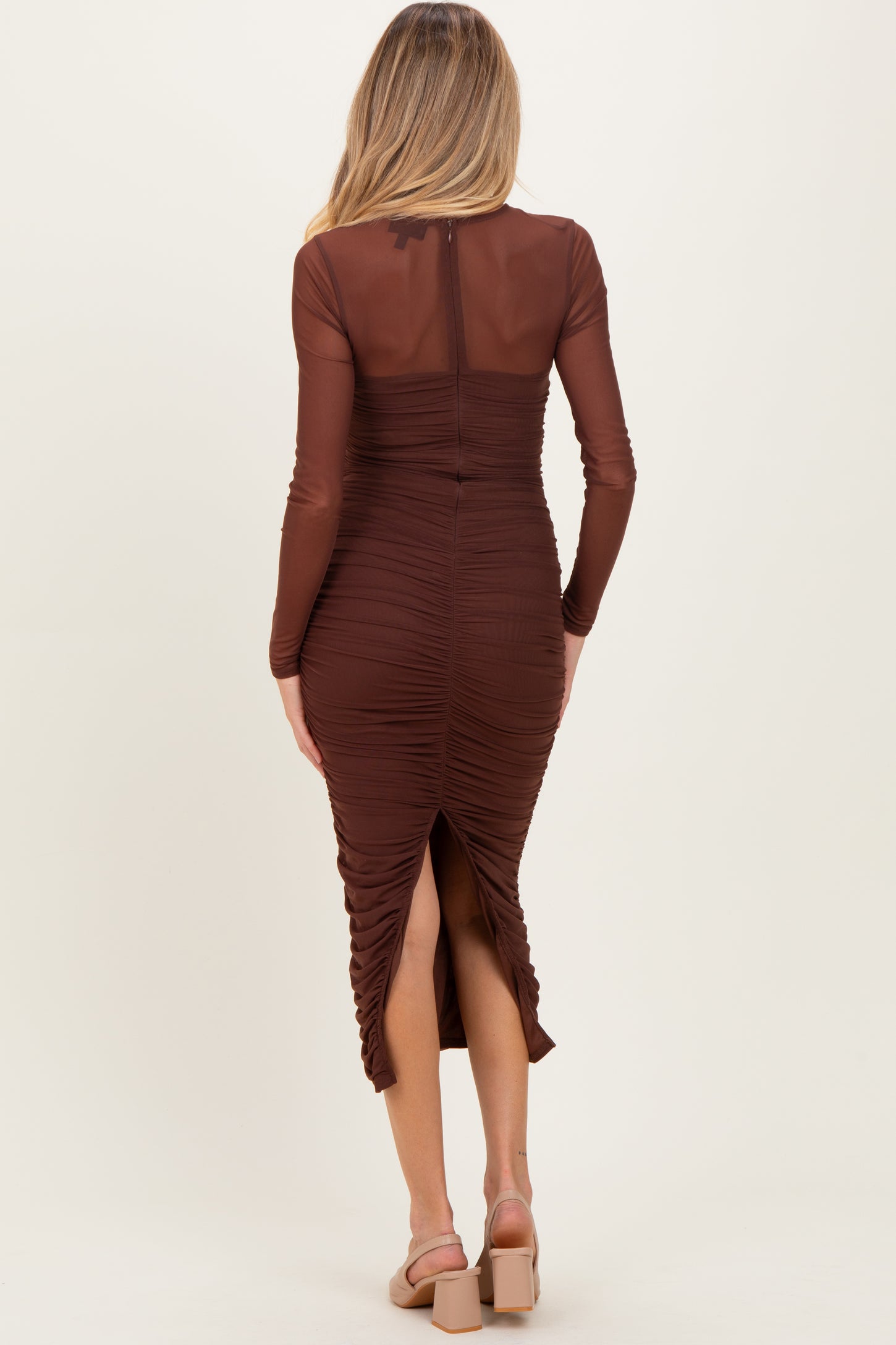 Brown Mesh Ruched Long Sleeve Maternity Midi Dress Brown Mesh Ruched Long Sleeve Maternity Midi Dress