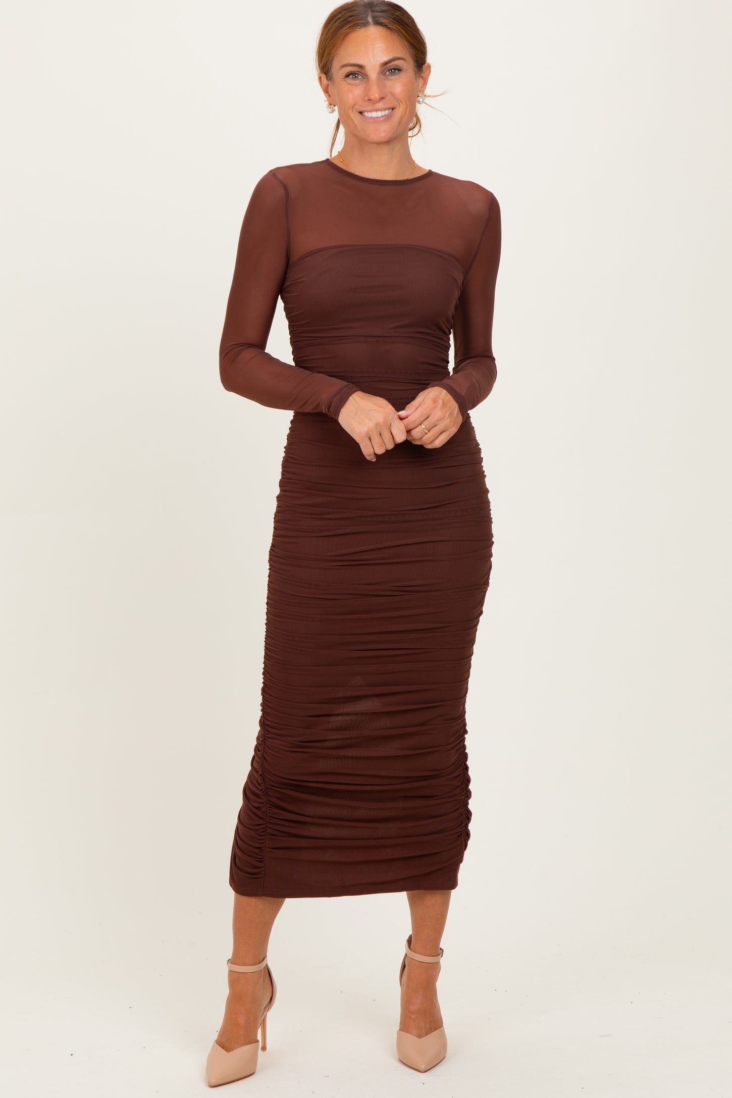 chinese dress ladies Brown Long Sleeve Mini Dress Deep V Ruched A-Line Dress – ZINNTRA main image 0