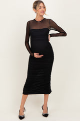 Black Mesh Ruched Long Sleeve Maternity Midi Dress