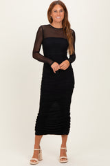 Black Mesh Ruched Long Sleeve Maternity Midi Dress