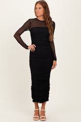 Black Mesh Ruched Long Sleeve Midi Dress