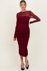 Burgundy Mesh Ruched Long Sleeve Maternity Midi Dress