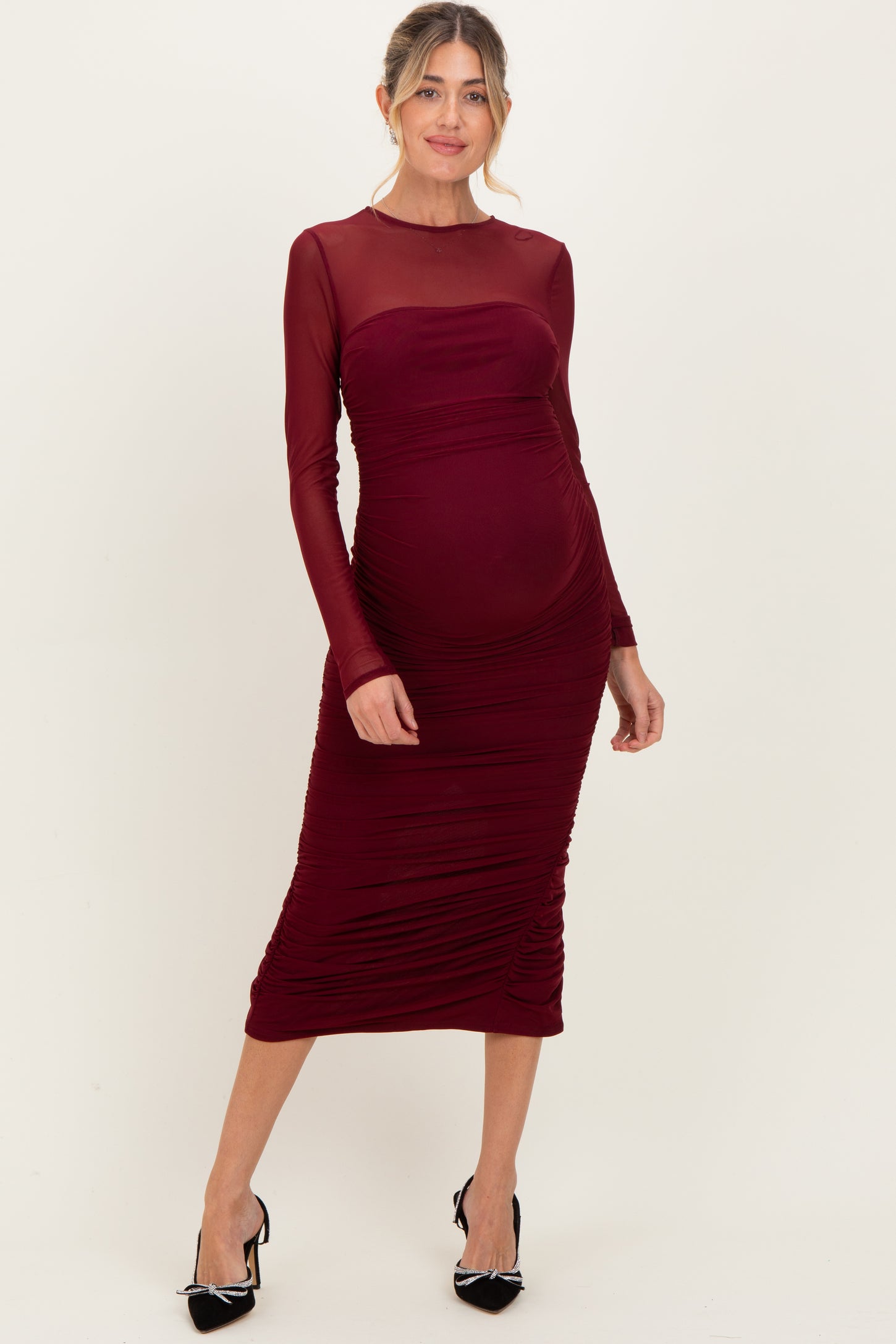 Burgundy Mesh Ruched Long Sleeve Maternity Midi Dress