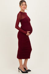 Burgundy Mesh Ruched Long Sleeve Maternity Midi Dress