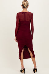 Burgundy Mesh Ruched Long Sleeve Maternity Midi Dress